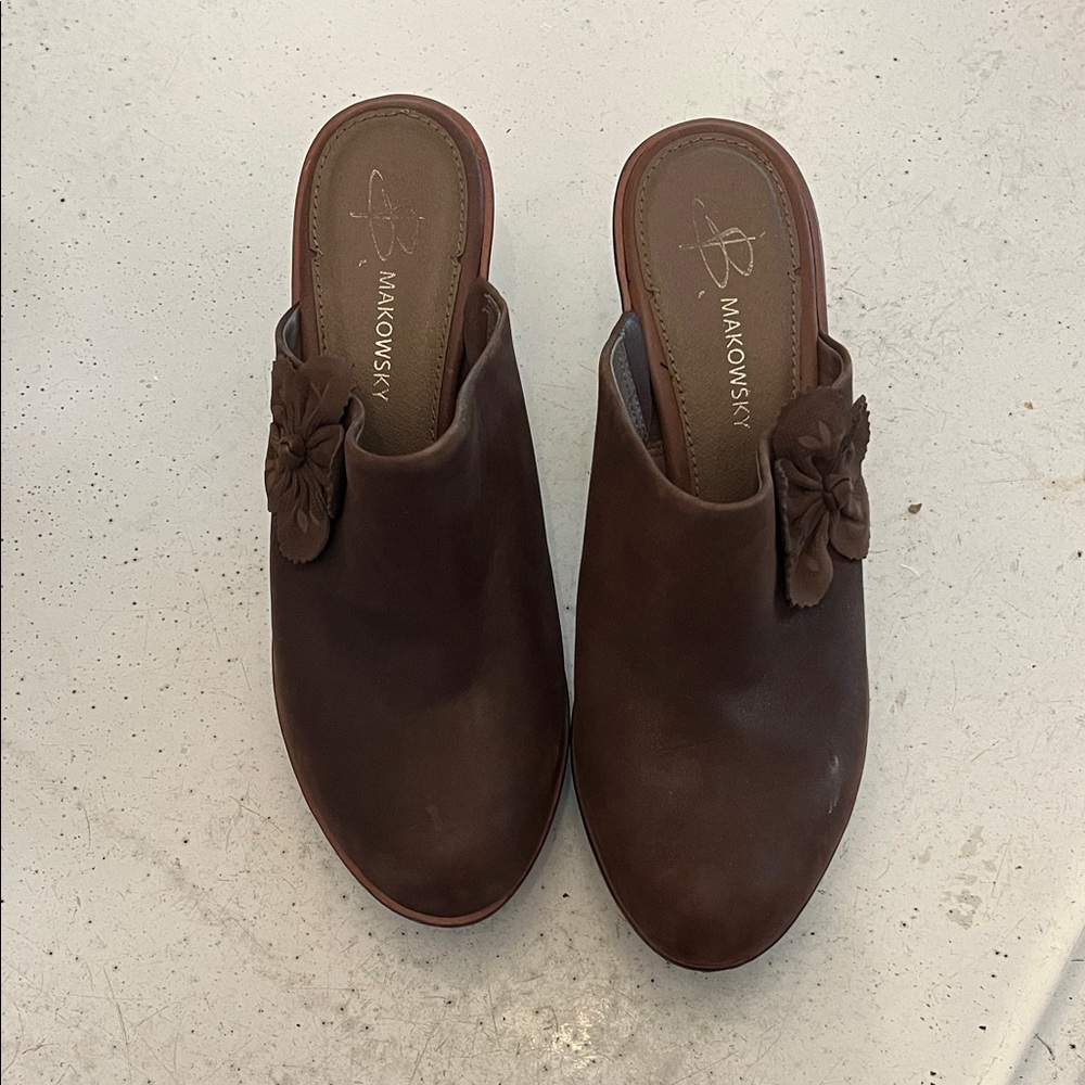 B. Makowsky Dark Brown Women's Mules with Floral Accent